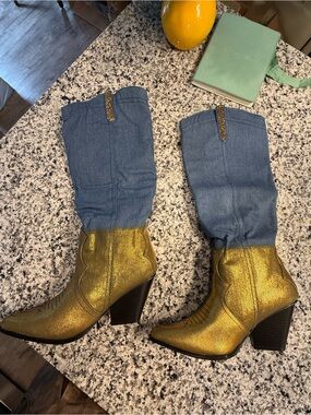 New Gold  Metallic Western Boots with Denim Shaft